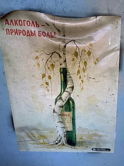 This media file displays a poster or print with an anti-alcohol message, featuring a stylized illustration. No people are visible.

The central subject is a green glass bottle, reminiscent of a wine or spirits bottle, which is intertwined with and seemingly growing out of a birch tree trunk. The bottle's neck extends upwards, while its body replaces a segment of the tree's main trunk. Birch-like branches with sparse, light green or yellow leaves sprout from around the bottle. The overall artistic style appears to be a watercolor or illustrative technique, with a muted color palette dominated by whites, greens, and earthy tones. The background is a plain, light color, suggesting an open sky or minimalist setting.

The poster itself shows signs of wear, including creases and minor discolorations, particularly on the left side where the material appears slightly rumpled. A small, dark rectangular logo or emblem is visible in the top right corner of the poster.

The visible text, presented in Cyrillic script, conveys the poster's message. Vertically aligned on the left side, it reads: "АЛКОГОЛЬ – ПРИРОДЫ БОЛЬ!" which translates to "ALCOHOL – NATURE'S PAIN!". On the label of the bottle, the partially visible text appears to include "ЯНЬЯ". The image's core activity is to visually represent the harmful impact of alcohol on nature, by depicting the bottle as an intrusive and destructive element within the natural form of the birch tree. There are no specific location cues within the image itself.