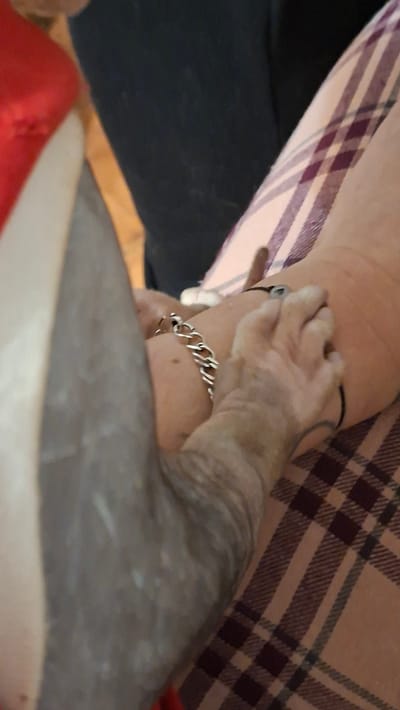 In the image, a person's arm is visible, adorned with a silver chain bracelet. The arm is resting on a checkered fabric, possibly a blanket or clothing. A partially visible, greyish, textured object is in the foreground, obscuring a portion of the arm. The background features dark fabric and a hint of red. The scene appears to be indoors, possibly a domestic setting. No specific location in Забалоцкі сельскі Савет, Belarus can be determined from the image.