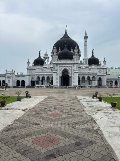 This is an exterior, ground-level, eye-level, full-frame, vertical shot of the Zahir Mosque in Alor Setar, Malaysia. The mosque is a prominent landmark, featuring a grand central dome and multiple smaller domes, all black. The mosque's facade is white with intricate grey detailing and arches, including a tall white minaret on the right side of the main structure. In front of the mosque is a large, paved courtyard. The paving stones are a mix of grey and red, arranged in a patterned walkway. Green grass areas are visible on either side of the walkway, with potted plants and wooden benches placed strategically. The sky is overcast with light grey clouds, suggesting a cloudy day. No people are clearly visible in the immediate foreground or performing any actions. The overall scene depicts the mosque and its surrounding plaza under a diffused light.