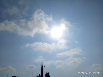 In Embakasi, Kenya, a bright sun shines through a pale blue sky dotted with scattered white clouds. The sun, positioned towards the upper center of the image, is partially obscured by clouds, creating a luminous halo effect. In the foreground, the silhouetted tops of dark, slender trees are visible against the sky, with one tall, spiky tree standing out prominently on the left. The lower portion of the image reveals a sliver of a rooftop on the far left, suggesting urban surroundings. A date and time stamp in the lower right corner reads "2026/7/31 09:22".