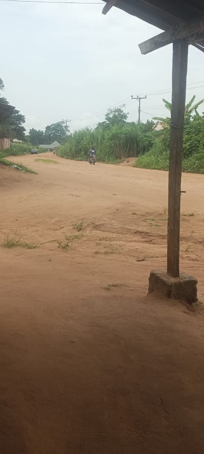 The scene is a dirt road in Amauzu, Nigeria, under an overcast sky. The foreground is dominated by the sandy ground, and a wooden support beam of a building is visible to the right. Further down the road, a person is riding a motorcycle towards the camera. Lush, green vegetation borders the road. In the distance, other buildings and vehicles can be seen. Power lines stretch across the sky.