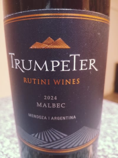 The scene is located in Lomas de Zamora, Argentina. A dark-bodied wine bottle is depicted in a close-up, front-facing perspective, resting on a light-colored, speckled surface. The bottle features a black rectangular label. The label's upper perimeter displays two thin, horizontal orange lines. Centrally positioned below these lines is an emblem composed of three interconnected, stylized orange triangular forms. The brand name "TRUMPeTeR" is printed in white capital letters. Directly beneath this, "RUTINI WINES" is inscribed in smaller orange capital letters. The vintage year "2024" appears in white, followed by the varietal "MALBEC" in white capital letters. The geographic origin "MENDOZA | ARGENTINA" is stated in white capital letters. The lower section of the label presents a graphic of radiating white lines, representing a vineyard, positioned above two additional thin, horizontal orange lines marking the label's lower perimeter. The background behind the bottle is out of focus, showing indistinct light and dark tonal areas. No individuals or active interactions are present.