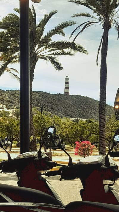 The image depicts a view of a striped lighthouse on a green, vegetated hillside in Pedro González, Venezuela. In the foreground, two red and black scooters are parked side-by-side, with their handlebars and mirrors visible. Palm trees frame the scene, with one tall palm tree directly to the right of the lighthouse and another to the left. In the mid-ground, there are lush green trees and a vibrant pink flowering bush. The sky is overcast. The overall impression is of a coastal or tropical location.