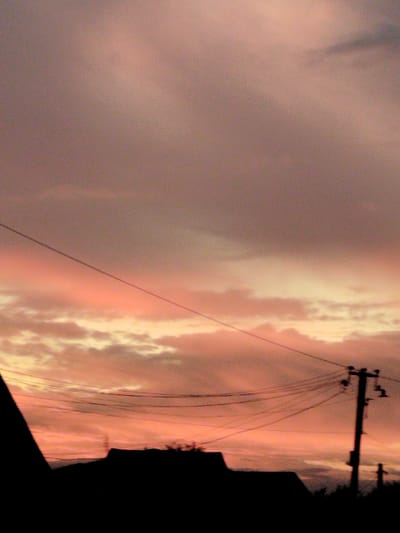 This is a vertical, low-angle shot of a silhouetted residential area against a dusky sky. The sky is a canvas of muted pinks, oranges, and grays, suggesting either sunrise or sunset. Wispy clouds are scattered across the upper portion of the frame, with more solid bands of color lower down. A power line stretches diagonally across the sky from the upper left to the lower right, supported by a silhouetted utility pole on the right side of the image. Another, smaller silhouette resembling a cross-shaped pole stands to the right of the main utility pole. In the foreground, the dark silhouettes of rooftops dominate the lower third of the image, with some vegetation visible as dark masses between them. The overall mood is quiet and serene, with the soft, diffused light of dusk creating a tranquil atmosphere. There is no visible text in the image.