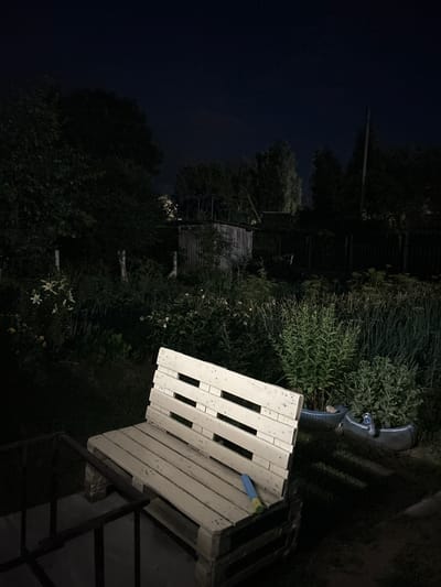 The image depicts a dimly lit outdoor scene at night, likely a backyard or garden. In the foreground, a white wooden bench, constructed from what appears to be pallets, is positioned to the right. The bench is angled towards the viewer and appears to be resting on a concrete base. A blue object, possibly a toy or a cleaning tool, lies on the seat of the bench.
The background is filled with dense vegetation, including tall grasses and bushes, which are mostly in shadow. Several large, leafy plants are prominent in the middle ground. Two circular planters, possibly made from old tires, are visible behind the bench, each containing greenery and one with a discarded aluminum can.
Further in the background, several structures are faintly visible. A weathered wooden shed with a slatted door is present on the left side, and a dark fence runs along the right side of the yard. The sky above is a deep, dark blue, indicating nighttime. The overall impression is of a quiet, somewhat unkempt outdoor space. The location is identified as Забалоцкі сельскі Савет, Belarus. No individuals are present in the image.