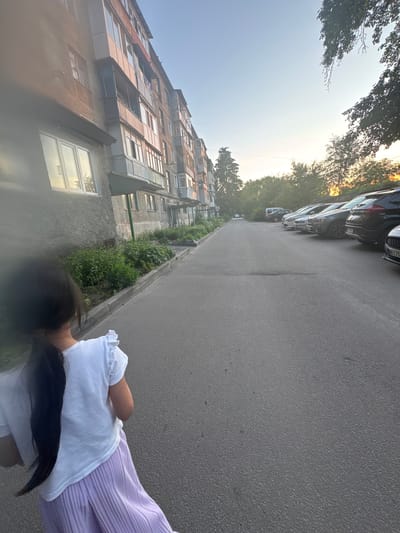 In Poltava, Ukraine, a young girl with dark hair in a ponytail, wearing a white ruffled-sleeve shirt and a pleated lavender skirt, is captured from behind walking on an asphalt road. She is walking away from the camera, towards a row of parked cars on the right side of the road and a Soviet-era apartment building on the left. The building, characterized by its concrete facade and numerous balconies, appears weathered. Green bushes line the base of the building. The sky is clear, with the golden hues of sunset visible between the trees at the end of the street, suggesting the time is late afternoon or early evening. The scene depicts a common urban environment in Eastern Europe.