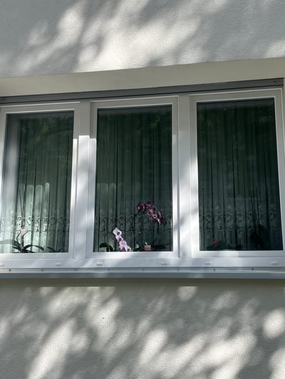 This image shows a white-framed, three-panel window with sheer curtains inside. Several orchid plants are visible on the windowsill. One orchid on the left has pink flowers. In the center, an orchid has purple and white flowers. On the right, another plant is visible. The window is set into a textured, off-white exterior wall, which is illuminated by sunlight casting dappled shadows from tree branches. The scene appears to be from a residential building. There is no visible information to determine the specific location within Berlin, Germany.