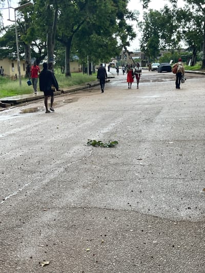 The image depicts an outdoor scene with several people walking on a wet asphalt surface, suggesting it has recently rained. The setting appears to be a street or pathway lined with trees and some buildings in the background, consistent with a location in Rafin Par, Nigeria. The time of day is unclear, but the overcast conditions suggest it might be a cloudy day.
Several individuals are visible in the frame. In the foreground, a person wearing a black jacket and shorts is walking away from the camera, with another person in a red shirt and dark pants visible further down the path. Further up the path, a person in a red dress and another in a white top and red skirt are walking towards the camera. Towards the top of the image, a person in a light-colored jacket is walking away, carrying bags. The people are dressed in casual attire, and their postures do not convey any particular emotion, appearing to be engaged in everyday movement.
The asphalt surface shows signs of moisture, with visible puddles and streaks, indicating the recent rainfall. A small plant is growing in a crack on the asphalt, adding a natural element to the otherwise urban environment. There are no visible signs or text in the image. The overall impression is one of a quiet, ordinary moment in a Nigerian locale, likely after a rain shower.
