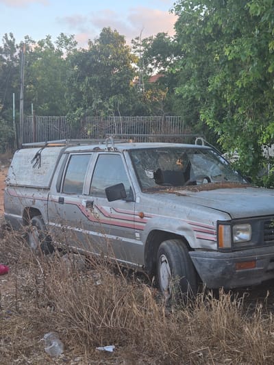 A silver pickup truck, appearing aged and possibly abandoned, is the primary subject of this image. It is situated amidst dry, overgrown vegetation and appears to have a broken windshield and some visible damage to its body. The truck has a two-tone paint scheme with pink and red stripes along its side. The rear section of the truck bed appears to be a different color, possibly gray or silver, and has some markings that are difficult to decipher.
The scene is set outdoors with a backdrop of lush green trees, suggesting a natural or semi-rural environment. A metal fence is visible behind the truck. The sky in the background shows hints of soft clouds and light, indicating it could be late afternoon or early evening. The overall impression of the scene is one of neglect and disuse, with the truck blending into the overgrowth. There is some visible debris on the ground around the truck, including what appear to be plastic bottles. The orientation of the image is sideways. No people are visible. The text "L200" is visible on the side of the truck.