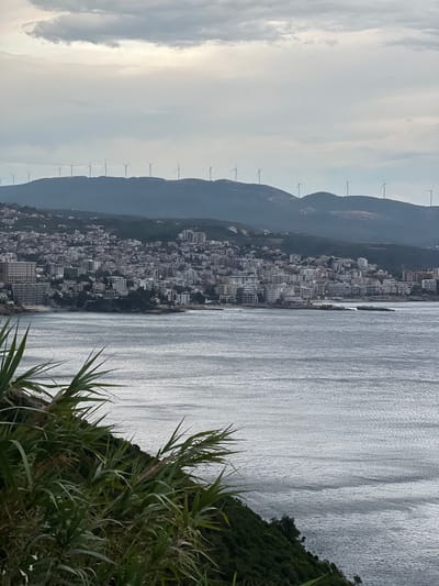 The image depicts a panoramic view of a coastal town nestled between rolling hills and the sea. In the foreground, lush green foliage obscures the lower right portion of the frame. The town, characterized by dense, multi-story buildings, stretches along the coastline. Wind turbines are visible lined up along the crests of the hills in the background, suggesting a windy, potentially renewable energy-focused location. The sea occupies the right half of the image, its surface textured with ripples that catch the light, creating a shimmering effect. The sky is overcast with light clouds, indicating a diffused daylight. The overall scene evokes a sense of peaceful coexistence between human habitation, natural landscapes, and technological advancements. The time of day appears to be either early morning or late afternoon due to the soft lighting and overcast conditions. The location cues, such as the coastal setting and the presence of wind turbines on hilly terrain, are consistent with Dobra Voda, Montenegro.
