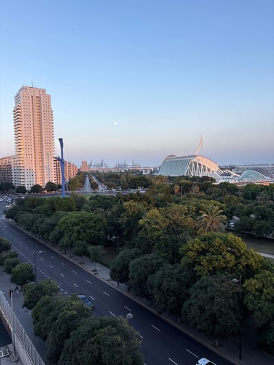 This is a high-angle, wide-shot photograph of the City of Arts and Sciences in Valencia, Spain, taken during the golden hour. In the foreground, a multi-lane road with a lone car driving on it runs parallel to a tree-lined sidewalk. A light-colored building with many windows and balconies dominates the left side of the frame, with a tall, blue, abstract sculpture standing in front of it. The middle ground is a lush green park filled with trees. In the background, the distinctive white, futuristic architecture of the City of Arts and Sciences, including the Hemisfèric, is visible. The sky is a clear, light blue, with a faint moon visible. The overall scene depicts a serene urban landscape as the day draws to a close.