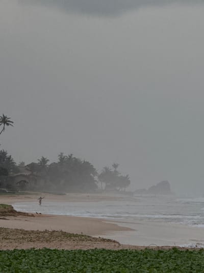 A beach scene in Koggala, Sri Lanka, is captured with a hazy, overcast sky. The image shows a sandy beach with gentle waves lapping at the shore. Lush green vegetation lines the edge of the beach on the right side. In the distance, palm trees and dense foliage create a tropical backdrop, partially obscured by mist or light rain.
Two figures are visible on the wet sand near the water's edge. One person, appearing to be a solitary individual, is walking or standing on the beach. Another smaller figure, possibly a person or a dog, is also present. The overall atmosphere is subdued due to the weather conditions, suggesting it might be early morning or late afternoon, or simply a very cloudy day. The lack of strong sunlight contributes to the soft, diffused light throughout the scene. There is no visible text in the image.
