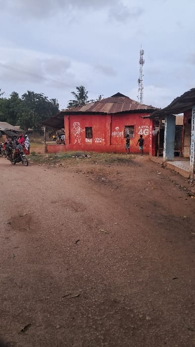 The image captures a rural or semi-urban street scene under an overcast sky. The primary focus is a single-story building on the left, painted a distinctive red or reddish-brown, with a weathered, corrugated metal roof that appears dark brown. The building's walls feature white painted text and logos. Prominently displayed are "APTL" and "4G," followed by the "airtel" logo. Further along the wall, the text "Dial *222#" is visible, along with a graphic resembling a mobile phone or network signal icon.
Several individuals are present near the red building. Two figures, possibly children or young adults, are standing or moving close to the "APTL 4G" and "airtel" branding. Another person is partially visible near what appears to be an entrance or stall further left along the building.
In the foreground, a reddish-brown dirt or gravel road stretches across the lower and right parts of the frame. The road appears unpaved, showing texture and small scattered debris. On the far left, a motorcycle is parked or stopped, its seat covered with a distinctive patterned fabric, possibly red and white.
Behind the red building and extending towards the left side of the image, various green trees and foliage are visible, including what appears to be a palm tree. A tall, metallic communication tower, equipped with antennas and dishes, stands prominently in the background against the cloudy, grey sky, signifying modern telecommunication infrastructure in the area. The sky is uniformly grey, indicating an overcast day without direct sunlight.