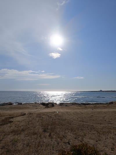 The image depicts a serene coastal scene under a bright, sunny sky. The sun is high in the sky, casting a strong glare on the calm, blue sea. Wisps of white clouds are scattered across the expansive blue. The foreground is a sandy beach with sparse, dry vegetation. Rocks line the edge of the water, some submerged and others jutting out. In the distance, along the coastline, a city or town is visible with buildings. The overall impression is one of a tranquil summer day at the beach, with the sun reflecting brilliantly off the water's surface. The time of day appears to be midday, given the high position of the sun. The weather is clear and sunny, with a gentle breeze suggested by the light clouds. There is no visible text in the image.