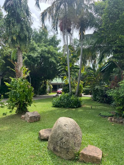 The image depicts a lush, tropical garden setting in Baan Bo Phut, Thailand. The scene is dominated by dense greenery, including several palm trees with their fronds reaching towards a bright, overcast sky. The ground is covered with a neatly manicured, vibrant green lawn.
Several large, weathered rocks are strategically placed on the lawn, adding a natural, earthy element to the landscape. One particularly large, round boulder sits prominently in the foreground, with smaller rocks nearby.
In the mid-ground, a paved pathway winds through the garden, leading towards a building in the background. A bright red car is visible parked near the building, suggesting the presence of inhabitants or visitors. The building itself appears to be a residential or hospitality structure with a light-colored facade and a green-tiled roof.
The overall atmosphere is serene and tranquil, indicative of a peaceful, tropical environment. The lighting suggests it is daytime, likely mid-morning or afternoon, given the diffuse light and lack of harsh shadows. There is no visible text in the image.