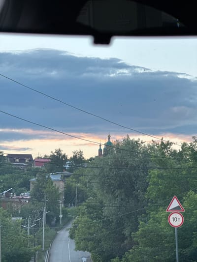 The image captures a view of a city street in Sarapul, Russia, likely taken from a vehicle. In the foreground, a gray asphalt road curves gently upwards and to the left. A white line divides the road. To the right of the road, a traffic signpost displays two signs: a triangular warning sign indicating a steep descent, and a circular sign with a red border showing "10T" inside, signifying a weight limit of 10 tons. Dense green trees line the road, obscuring much of the background. In the distance, nestled among the trees, are several houses with various roof colors and architectural styles. Notably, a church with multiple domes, some green and some red, is visible. The sky above is partly cloudy, with dramatic gray and bluish clouds, interspersed with softer hues of pink and orange near the horizon, suggesting either dawn or dusk. Power lines crisscross the scene, running horizontally across the frame.