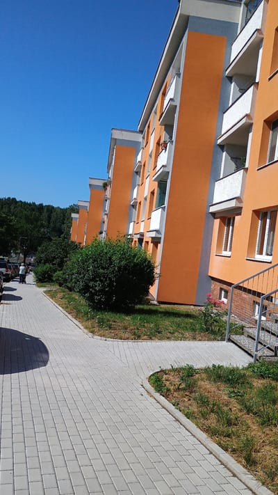 This is a landscape-oriented, low-angle outdoor photograph taken in Sokolov, Czechia. The scene depicts a modern apartment building with orange and grey facades, featuring multiple floors with balconies and windows. A paved sidewalk runs alongside the building, bordered by a strip of dry grass and a lush green bush. The sky above is a clear, bright blue, suggesting a sunny day. The perspective emphasizes the scale of the building and the surrounding urban environment. There are no visible signs of text in the image.