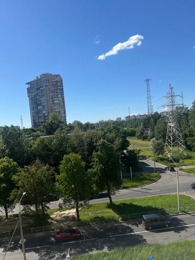 In Shushary, Russia, a bright, clear sky with a single wispy cloud is visible above a cityscape featuring a modern, multi-story apartment building with many windows on the left. In the middle ground, a dense cluster of green trees lines the landscape, separating the residential area from a road. Several tall, metal electricity pylons with wires stretch across the horizon. The road in the foreground curves through the scene, with a dark-colored van and a red sedan driving on it. Grass and greenery surround the road and extend into the middle ground.