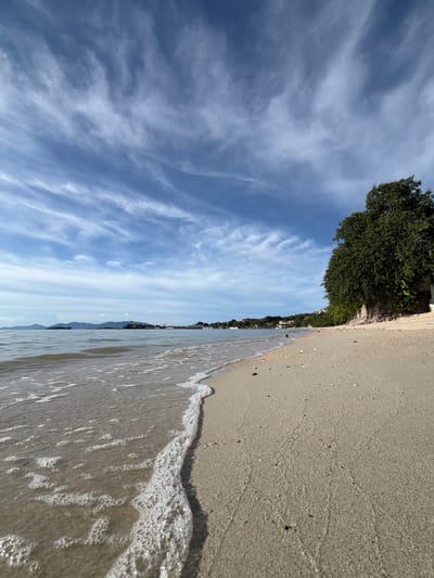 The image depicts a tranquil beach scene in Baan Bo Phut, Thailand. The foreground is dominated by the sandy shore, with gentle waves lapping at the edge, creating a foamy white line along the waterline. The sand itself is light brown and appears relatively smooth, marked by subtle ripples from the receding water.
To the left of the frame, a vibrant green tree stands tall, its dense foliage contrasting with the soft hues of the sky and sand. Beyond the tree, a line of buildings and vegetation stretches along the coastline, suggesting a developed area adjacent to the natural beach. In the distance, faint mountain outlines can be seen against the horizon.
The sky is a brilliant blue, adorned with wispy white clouds that stretch across the expanse. The lighting suggests it is daytime, likely late morning or early afternoon, with the sun casting a soft glow over the scene. The overall atmosphere is peaceful and serene, conveying a sense of calm and natural beauty. There is no visible text in the image.
