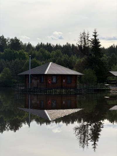 The image shows a structure with a steeply pitched roof, seemingly made of wood, and possibly a boathouse or a floating house. It is reflecting in calm water. A walkway or bridge extends towards the structure. Surrounding the structure are dense trees. The reflections in the water create a symmetrical composition, making the scene appear to be upside down. It is located in Прикамский, Russia.