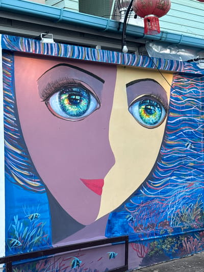 The image shows a close-up of a mural on an exterior wall in Ban Bang Niang, Thailand. The mural depicts a stylized face of a woman, split down the middle with distinct colorations on each half. The left side of her face is a muted pink, while the right side is a pale yellow. Both of her eyes are large and striking, rendered with intricate detail and a vibrant, iridescent blue and green iris, reflecting a celestial or aquatic scene. She has long, dark eyelashes. Her lips are painted a bright red.
Her hair is depicted as flowing strands of blue, purple, and white, merging into an underwater scene below her face. The left side of the mural shows a vibrant blue underwater environment with depictions of various colorful fish, including angelfish, swimming amongst green sea grass and coral. The right side of the mural also features a blue underwater scene with stylized waves and red and white coral formations.
Above the mural, a blue gutter runs horizontally, and the wall has a decorative striped border in various shades of blue, purple, pink, and white. A red, cylindrical lantern with red tassels hangs from above on the right side of the image, and a black electrical wire with a small light bulb is also visible. The mural is painted on a textured surface, possibly concrete. The overall impression is one of vibrant artistic expression, blending portraiture with an underwater theme.