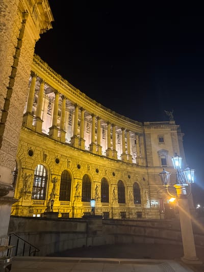This is a nighttime, eye-level, medium shot of the Hofburg Palace in Vienna, Austria. The grand facade of the palace, bathed in warm yellow light, curves gently across the frame. Ornate columns and intricate architectural details are clearly visible. Several tall, classical street lamps with multiple globes stand in the foreground, their light casting a glow on the stone pathway. The sky above is a deep, inky black, contrasting with the illuminated building. No people are visible in the scene. The overall impression is one of historical grandeur and nocturnal illumination.