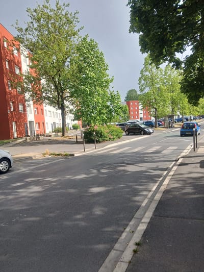 The image depicts a street scene in Charleville-Mézières, France. A row of apartment buildings, primarily orange and white, lines one side of the street. Lush green trees with full canopies cast dappled shadows on the asphalt road. In the foreground, a white car with a silver rim is parked on the right side of the street.
The street features a pedestrian crossing marked by white stripes. Several cars are parked along the curb, including a blue hatchback and a dark sedan. A planter box with greenery and some pink flowers separates the sidewalk from the road. Streetlights are visible in the distance.
The sky is overcast, suggesting a cloudy day. The overall scene conveys a sense of everyday urban life, with parked cars and apartment buildings indicating a residential area. The presence of mature trees adds a natural element to the built environment. No people are visible in the frame. The time of day is difficult to determine precisely due to the overcast conditions, but the light suggests it is daytime. No discernible text is visible in the image.
