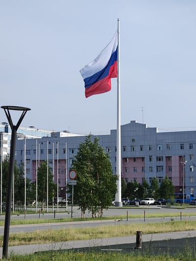 A wide shot captures a large Russian flag billowing from a tall flagpole against a clear, pale blue sky. In the background, a modern, multi-story building with a facade of light gray panels and pink accents dominates the scene. The building has numerous windows and a slightly stepped roofline. In front of the building, a row of tall, thin poles stands, likely for other flags.
To the left, a dark lamppost with a distinctive, angular design is prominent in the foreground, partially obscuring the view of the building. Several trees with green foliage are scattered throughout the midground and foreground, some appearing slender and light-barked.
A paved road runs horizontally across the lower part of the image, with a grassy median strip and a sidewalk. Several cars are parked in the distance, including a white SUV and black sedans, and a blue bus is visible further to the right. A few people are walking near the cars.
A circular red and white traffic sign with text below it is mounted on a pole in the middle ground. The text appears to read "22:00 - 6:00," indicating a time restriction.
The scene suggests daytime, possibly late morning or afternoon, given the bright, even lighting and the clear sky. The overall impression is one of a civic or administrative area in a modern urban setting, likely in Russia, given the national flag. There are no strong emotional cues, but the scene is calm and orderly.
