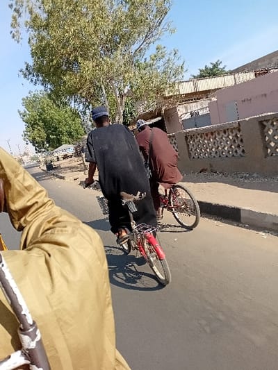 A daytime street scene in Sharada, Nigeria, depicts three individuals in forward motion on a paved road. The viewpoint is from behind a person wearing a light brown garment, with a white-painted metal bar partially visible in the foreground left. Directly ahead, a male subject wearing a dark blue cap and a loose-fitting black garment is actively pedaling a red bicycle. To the immediate right and slightly behind this subject, another male subject in a brown garment is riding a second red bicycle, also moving forward. Both bicycles cast distinct shadows on the gray asphalt road. To the right of the road, a concrete curb separates the street from a patterned decorative fence, behind which are light pink and darker-toned buildings. A corrugated metal roofline and a gray gate are visible further back. A large tree with light green foliage occupies the upper center of the frame, with additional green trees and a light-colored vehicle discernible in the distant left. The sky is clear and blue.