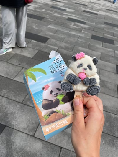 A hand holds a panda-shaped ice cream resting on its packaging, taken outdoors on a gray tiled surface. The ice cream panda is predominantly white with black patches and a pink flower detail on its head, and a pink heart in the center. The ice cream is held by a wooden stick. The packaging for the ice cream depicts a panda in a tropical scene with a blue background and palm trees, and has Chinese characters. A person's legs and shoes are visible in the lower left corner of the frame. Based on the Chinese characters on the packaging "HUAHUA" and other details, this is likely in the city of Chenghua District, China.