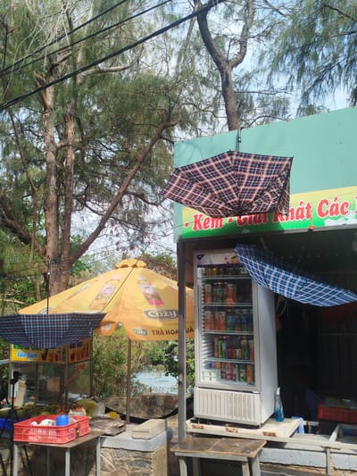 The image depicts an outdoor refreshment stand in what appears to be a park or beach area. A large, yellow umbrella bearing the "Cozy" brand name provides shade for one area, while two plaid umbrellas, one blue and one red, are positioned above the vendor's stall. A refrigerator filled with bottled beverages is on the stand, along with a sign that reads "Kem Giai Khat Cac" and "Cozy Tra Hoa." A red basket and various other items are visible on a nearby table. Trees are visible in the background, and the entire scene has a casual, somewhat makeshift appearance. The sign reading "Sieu Sach" suggests this is likely in Vietnam, as it is a common phrase used to indicate cleanliness. Given the tropical foliage and beach-like environment it is likely near the coast, such as in Ho Chi Minh City, Vietnam.