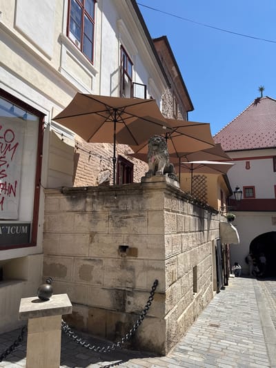 In the City of Zagreb, Croatia, a stone lion statue sits atop a low stone wall on a sunny day. The lion, adorned with a small checkered ribbon around its neck, faces left. Behind it, several large, taupe-colored umbrellas are open. The wall itself is constructed of large, rough-hewn stone blocks. In the foreground, a metal ball rests on a square stone pedestal, with a heavy metal chain stretching across the cobblestone path. To the left, a building with cream-colored walls and red-trimmed windows is visible. A large window on this building displays a white cloth with red lettering. To the right of the lion statue, the scene opens to a street lined with buildings and an archway, where a few people are gathered. The sky is a clear, bright blue.