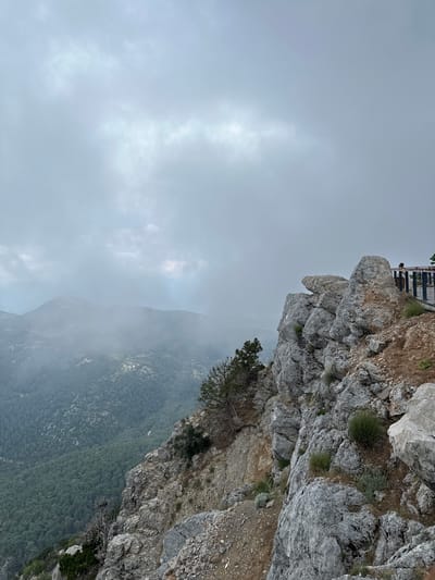 The image depicts a view from a cliff edge overlooking a forested mountain range partially obscured by clouds and mist. In the foreground, large grey rocks form the edge of the cliff. A woman is visible standing on a viewing platform to the right of the frame, near a railing. The platform appears to be made of wood and metal. Further back, the landscape descends into a dense forest of green trees. The sky is overcast with grey clouds. The scene is likely taken from a high vantage point on a mountain near Fethiye, Turkey, such as the Babadag Mountain, known for its paragliding and scenic views.