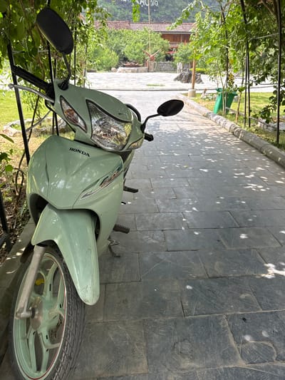 A close-up, eye-level shot captures a parked, light-green Honda motorcycle, primarily focusing on its front section. The motorcycle is positioned on a paved, grey-tiled surface with dappled sunlight filtering through trees above. The front tire is visible, and the motorcycle's body shows minor wear and tear.
The surrounding environment includes greenery, such as shrubs and trees, partially obscuring the view. In the background, hints of buildings and structures are discernible, suggesting an urban or semi-urban setting, although specific architectural details are not clearly visible. Based on the prompt, the location is Mèo Vạc Commune, Vietnam.
