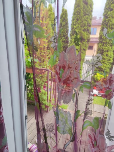 The image depicts a close-up view of a sheer floral curtain with pink and green motifs. Through the curtain, a backyard scene is visible. The background features tall, slender green trees, a house with orange siding and blue-paned windows, and a wooden deck. Part of a white door frame is visible on the left side of the image, and the edge of a white door is on the right. Two striped slippers are partially visible on the wooden deck. The scene suggests an outdoor living space in a residential area.