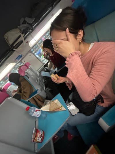 The image depicts the interior of a modern train carriage, likely at a station in Lille, France, or while traveling through the city. The setting features rows of seats with light blue upholstery and pink accents, and overhead luggage racks.

In the foreground, a woman with dark hair, styled in a bun, wears a pink long-sleeved top with ruffled cuffs and blue jeans. Her right hand covers her face, while her left hand holds a half-eaten sandwich. Gold rings are visible on her left index and ring fingers, and a gold hoop earring is visible on her right ear. Red flat shoes are partially visible on her feet.

A light blue tray table is extended in front of her. On the table, there is a sandwich in a small paper container, a clear plastic water bottle with a red cap (appearing to be a brand like Cristaline), a small jar of Nutella, and a silver-colored smartphone in a clear case with a pop socket, resting next to a black quilted handbag.

In the midground, another individual, partially obscured, is seated opposite the foreground woman, also holding and eating a sandwich. This person wears a dark red top and possibly a blue garment beneath. Further back and to the left, a third person is visible from the back, wearing a brown jacket or coat and seated in a similar train seat. Through the train windows, a blurred view of what appears to be a train station platform with various colorful signs and structures is visible.