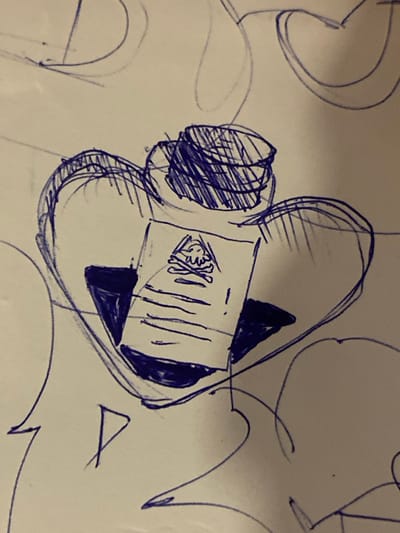 The image displays a monochrome blue ink drawing on a white surface, observed in the city of Sumalao, Argentina. The central subject of the drawing is a stylized heart-shaped object, possibly representing a container or bottle. A cylindrical, hatched cap or stopper is positioned atop this heart shape. Adhered to the front of the heart is a rectangular label. This label features a skull and crossbones symbol prominently displayed at its upper portion. Below the skull and crossbones, four horizontal lines are drawn, indicative of written text. The lower interior portion of the heart shape is filled with solid blue ink. The surrounding white background contains additional, less defined blue ink lines and partial shapes, consistent with incidental scribbles or incomplete sketches. No individuals or dynamic interactions are depicted within the drawing.
