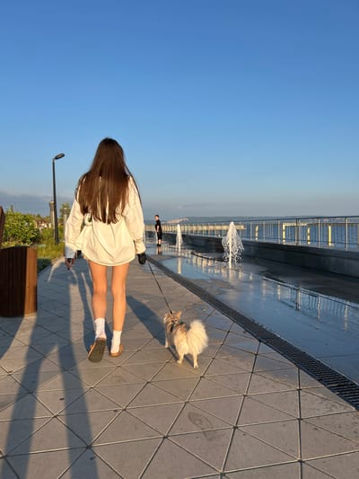 This image captures a serene outdoor scene in Tolyatti, Russia, likely during a warm, sunny day. The perspective is from behind a young woman with long, dark hair, wearing a loose white shirt and white socks with sandals. She is walking on a patterned tiled pathway next to a water feature with fountains. To her right, a small, fluffy light-colored dog on a leash walks alongside her. In the background, a metal railing lines a slightly elevated walkway, and further beyond, a body of water is visible, reflecting the sunlight. Another person can be seen walking in the distance along the elevated walkway. The clear blue sky suggests good weather. The overall mood is peaceful and relaxed, hinting at a leisurely stroll on a pleasant day. There is no visible text in the image.