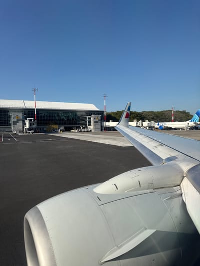 An airplane wing dominates the view, partially obscuring the tarmac and airport terminal. The wing is white with grey details, its engine nacelle prominent. The terminal, a modern glass and steel structure, features jet bridges. Red and white striped poles are visible. The clear blue sky is above the terminal, indicating a sunny day. Another airplane with United livery is partially visible near trees in the background.