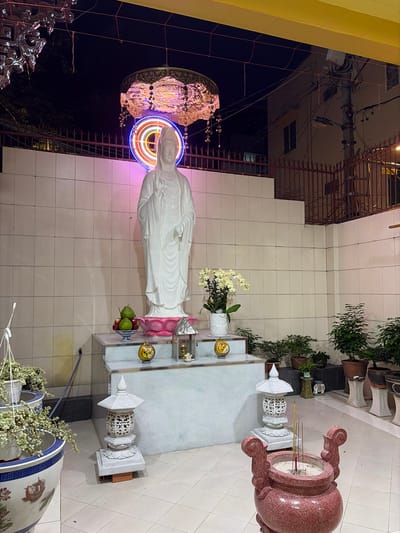 This image depicts an outdoor shrine at night in the city of Thủ Đức, Vietnam. The focal point is a tall, white statue of a female deity, likely Quan Âm (Goddess of Mercy), standing on a tiered pedestal. The statue is adorned with a pink lotus base. In front of the statue, on the pedestal, is a bowl of green and red fruits, a white potted orchid, and a small golden orb with Chinese characters. To the left and right of the pedestal are decorative white lanterns. In the foreground, a large, ornate red incense burner with a speckled finish contains burning incense sticks. Various potted plants, including a large one with trailing vines to the left, are arranged around the shrine. Behind the statue, a tiled wall rises, topped by a metal fence. Above the statue, a circular neon light fixture with blue and pink hues and a more ornate metallic light fixture hang. The background shows a dark sky with some electrical wiring and buildings visible. The ground is tiled.