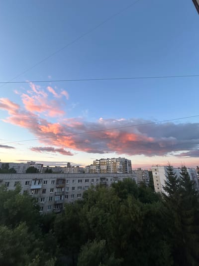 The image captures a twilight sky over a dense urban landscape, likely in Ufa, Russia. The sky is a gradient of soft blue and pink hues, with scattered clouds catching the last rays of the setting sun, painting them in shades of salmon and coral. Power lines are visible, bisecting the sky. Below the sky, a cluster of multi-story apartment buildings stretches across the frame, their facades a mix of grey concrete and lighter colors. Some buildings feature balconies and numerous windows. In the foreground, lush green trees and evergreen conifers obscure parts of the lower floors of the buildings, suggesting a residential area with some greenery. The overall scene depicts a typical evening in a city, characterized by the transition from day to night.