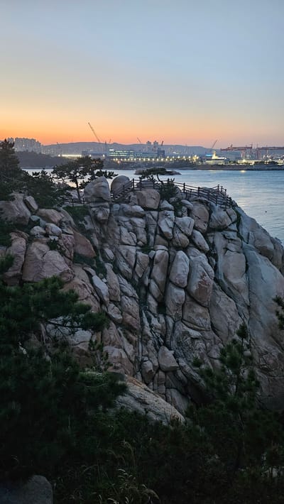 The image shows a rocky outcrop in Ulsan, South Korea, at sunset. The city skyline is visible in the background, along with harbor cranes and industrial infrastructure along the waterfront. A wooden walkway and seating area are built into the rocks. The foreground includes pine trees and other vegetation growing on the rocks. The sky is graduated in color, transitioning from pale blue to orange near the horizon.