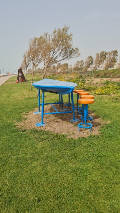 The image shows an outdoor exercise area in what appears to be a park or recreational space in Nahariyya, Israel. The exercise equipment is painted bright blue and orange and is positioned on a patch of land with a mix of green grass and dry, brown vegetation. In the background, there are trees, some of which are bare, and a yellow flowering ground cover near the back. A portion of a boardwalk or path is visible in the lower-left corner, along with what looks like a small shelter or structure. The sky is overcast, creating a muted light. No people are visible in the immediate foreground or around the exercise equipment.