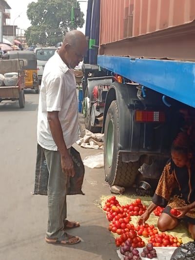 A street scene shows an older man in a white shirt and grey pants standing by a truck, possibly shopping for tomatoes. A vendor kneels on a mat, arranging piles of red tomatoes and onions for sale next to the truck's rear tires. A bag rests at the man's feet. A motorized tricycle is visible in the background, suggesting a busy market environment.