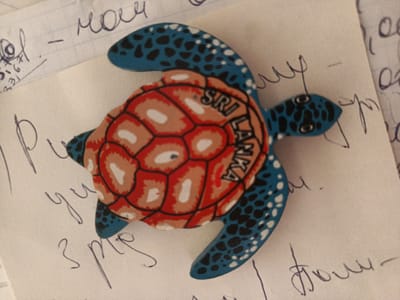 This is a close-up, eye-level, indoor shot of a small, decorative turtle souvenir on a piece of paper. The souvenir has a blue body with black and white spots and a red and orange shell with the words "SRI LANKA" printed on it. The paper beneath the souvenir has handwritten text in dark ink in what appears to be Cyrillic script. The text is partially obscured by the souvenir and also by other writing on the paper. The lighting is diffused and appears to be coming from above. There are no people or animals visible in the image. This image does not provide any information about the city of Kaliningrad, Russia.