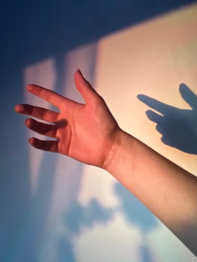The image shows a close-up of a person's left arm and hand, illuminated by warm, reddish-orange light, possibly from a sunset or artificial source. The hand is open, with fingers slightly splayed, and appears to be reaching towards the viewer or a surface. A shadow of the hand is cast on a wall behind it, which is illuminated with a gradient of colors ranging from deep blue on the left to a lighter, peachy-pink on the right. The shadow on the right side of the wall depicts a hand gesture that resembles a pointing finger. The overall lighting creates a dramatic and somewhat abstract effect, with distinct light and shadow patterns. There is no information about the location in Genemuiden, Netherlands.