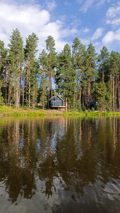 In the foreground, the dark, rippled surface of a body of water reflects the surrounding environment. The water is calm but disturbed by gentle waves, creating distorted and elongated reflections of trees and the sky.
In the middle ground, a narrow strip of land separates the water from a dense forest. The land is covered with green grass and some smaller vegetation. Rising from this strip of land are numerous tall, slender pine trees with deep green needles and reddish-brown bark. The trees are densely packed together, forming a thick forest line.
On the edge of the forest, situated on a slightly elevated bank, are two modern architectural structures. The larger structure on the left is a dark, geometric cabin with large glass windows and a prominent sloped roof. It is raised on stilts and has a wooden deck extending from the front. A small wooden bench is visible on the deck. To the right of this main cabin, a smaller, similar dark structure is partially visible, also nestled within the trees.
The background features a bright blue sky with scattered white, fluffy clouds. The sunlight suggests it is daytime, likely late morning or early afternoon. The overall scene depicts a serene natural landscape with contemporary residential elements integrated into the woodland environment. The location is not specified as being in the city of Мишкино, Russia, but rather a natural setting with a lake and a pine forest.