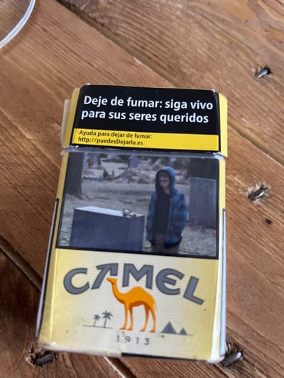 This image, photographed in Marquette-lez-Lille, France, depicts a pack of Camel cigarettes resting on a multi-plank wooden surface. The cigarette pack features a prominent yellow band across the top with a Spanish-language health warning in black text: "Deje de fumar: siga vivo para sus seres queridos" (Stop smoking: stay alive for your loved ones). Below this, a smaller yellow band provides a cessation aid URL: "http://puedesDejarlo.es".
Below the warning labels, the pack displays a graphic warning image. This image portrays a person, wearing a blue and black plaid hooded jacket over a dark shirt and light-colored pants, standing with their head lowered in front of a rectangular grey stone monument. Several small, colorful objects, consistent with flowers, are placed on top of the monument. The background of this scene shows a cemetery environment with sparse vegetation and additional grey gravestones.
The lower portion of the cigarette pack features the "CAMEL" brand logo in grey text, an orange camel silhouette, two black palm tree silhouettes, a black pyramid silhouette, and the year "1913". In the upper left quadrant of the overall photograph, a white, translucent plastic tube or cable is partially visible against the wooden surface. The wooden surface itself exhibits a distinct grain and minor imperfections.
