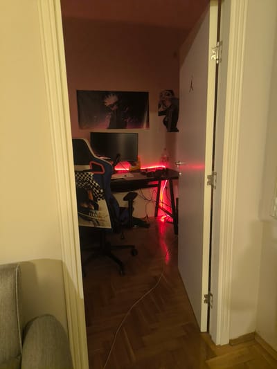 The image shows a partially open doorway leading into a room. Inside the room, there is a computer desk with a monitor, keyboard, and a gaming chair in front of it. Two posters, likely anime-related, are mounted on the wall above the desk. Red LED strip lights illuminate the back of the desk and create a red glow on the walls. There is a water bottle and some snacks on the desk as well. The room has wooden flooring. Part of a couch is visible in the foreground.

There is no information available to verify the city of Vozdovac Urban Municipality, Serbia.