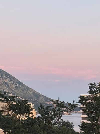 A vertical, eye-level shot captures a serene coastal landscape in Bečići, Montenegro, during twilight. The sky transitions from a pale, rosy pink near the horizon to a soft, light blue at the top. In the mid-ground, a steep, verdant mountain slopes down from the left, its rugged texture partially obscured by the soft light. Nestled at the base of the mountain and along the coastline are several buildings, some appearing to be hotels or apartment complexes with multiple floors and balconies, illuminated by ambient light.
In the foreground, lush green foliage, including trees with dark leaves, partially frames the view. The trees create a natural border, with branches and leaves appearing in the lower corners and along the bottom edge of the image. The sea is visible in the background, a calm expanse of water that meets the distant coastline. The overall atmosphere is tranquil and picturesque, indicative of the early evening hours. There are no visible people or animals in the frame. The scene is static, offering a peaceful view of the natural and built environment.